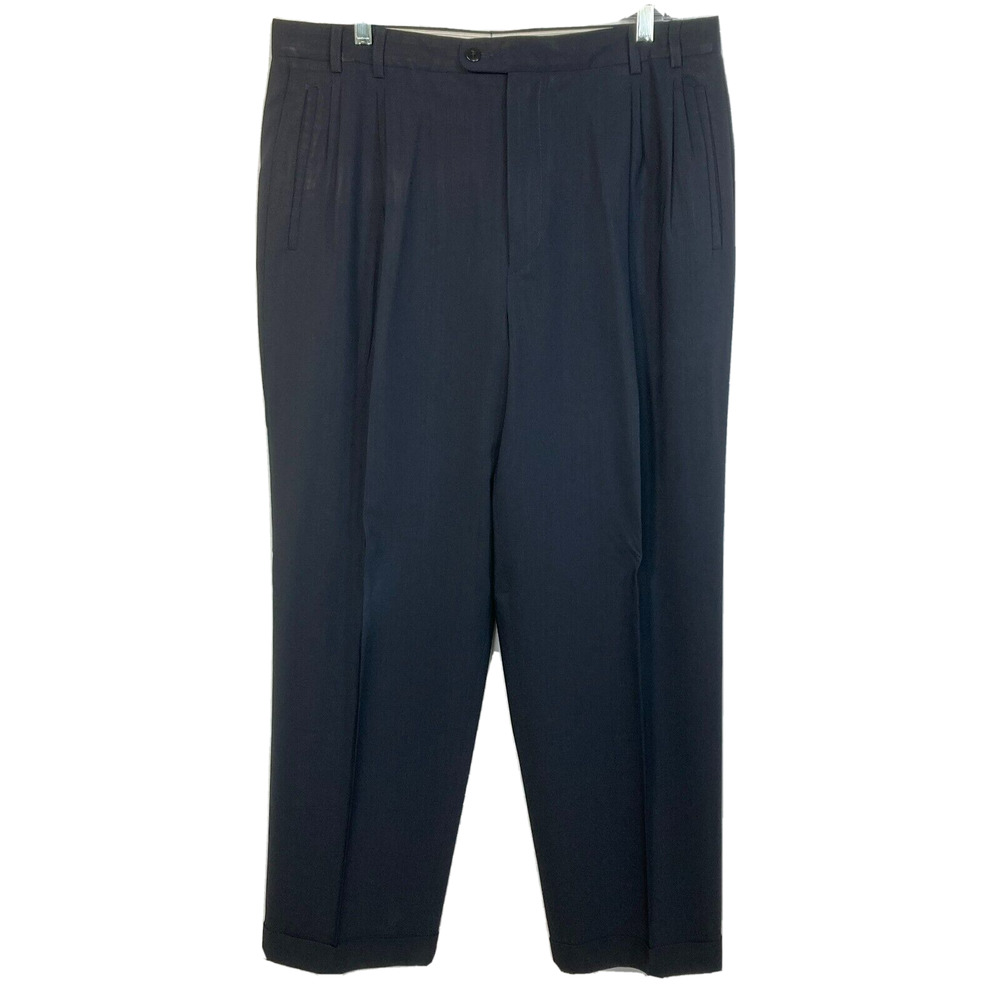 Zanella Pants Mens Sz‎ 35 Italy Wool Navy Blue Cuffed Dress Pleated